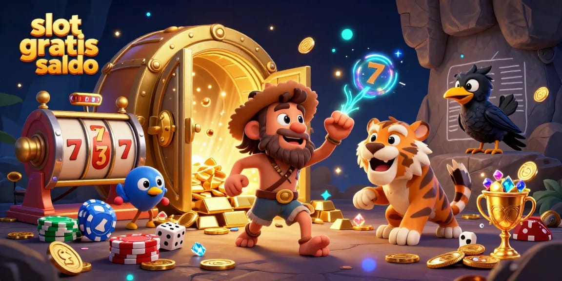 Play thrilling slot games with slot gratis saldo in a vibrant prehistoric casino scene filled with exciting elements.