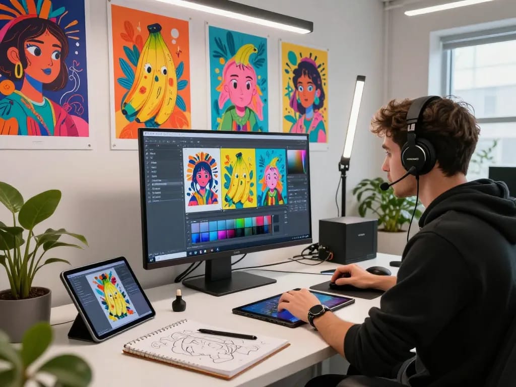 Dynamic artist editing with nano banana AI in an innovative digital studio.