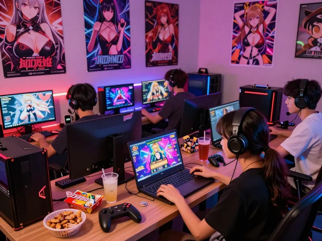 Engaging scene of players enjoying porngames in a vibrant gaming lounge with colorful visuals and LED lighting.