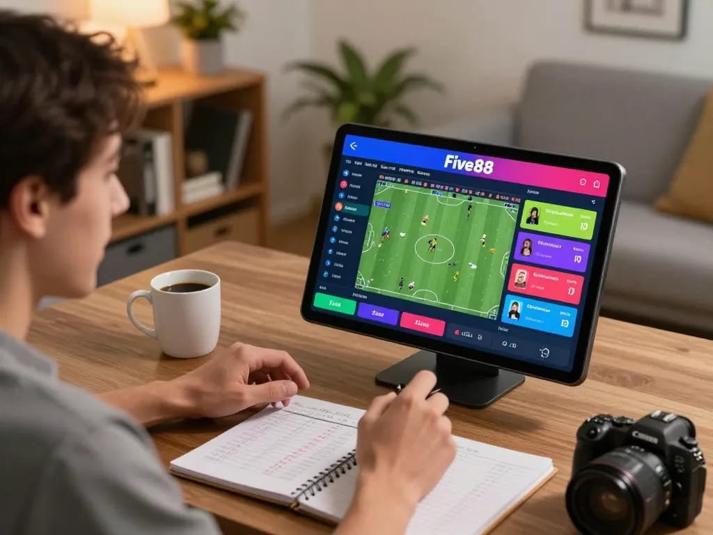 Engaging in live sports betting through five88 on a tablet in a cozy home setup.