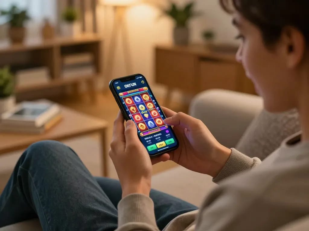 Engaging with the OKFUN app for mobile gambling, showcasing exciting slot games