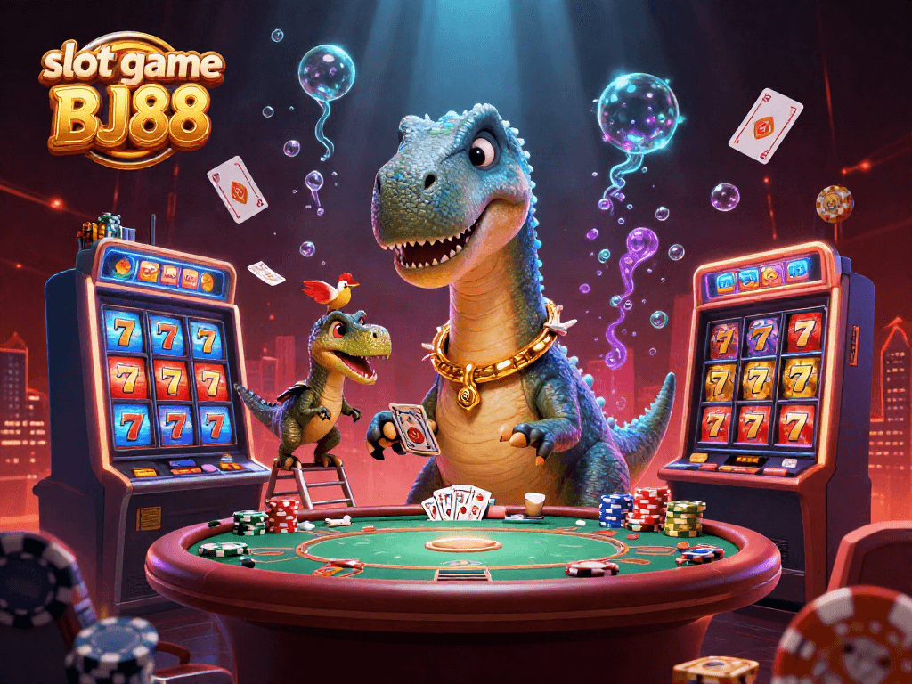 Engage with slot game BJ88 featuring a massive brontosaurus in a bustling casino scene filled with vibrant gaming elements.