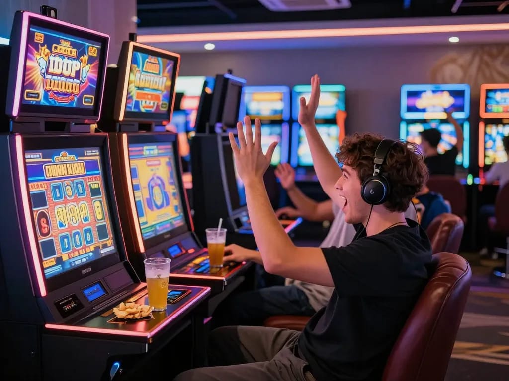 Slot gacor hari ini excitement in a vibrant gaming lounge with players celebrating wins.