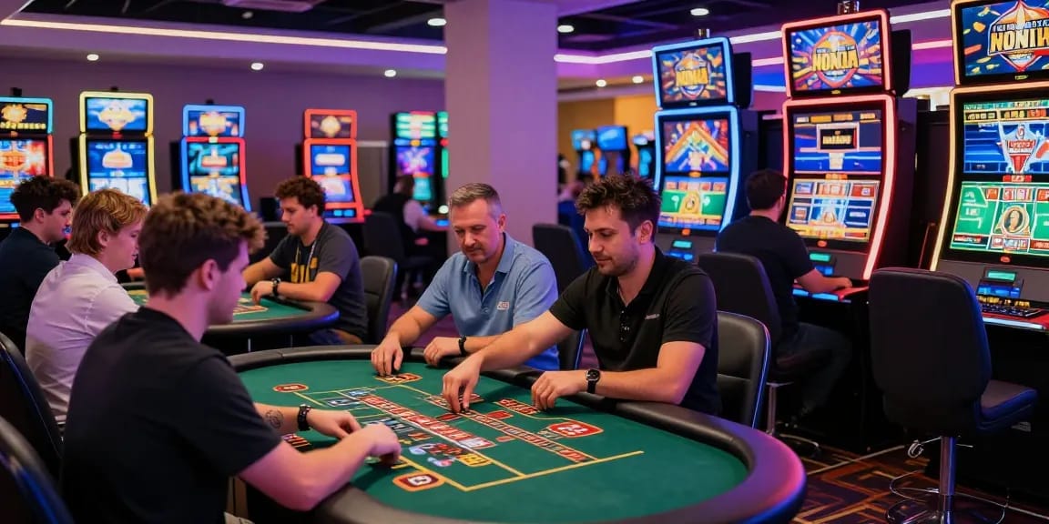 Players at non-UK casinos enjoying vibrant gaming experiences with tables and slot machines at https://hrnd.co.uk