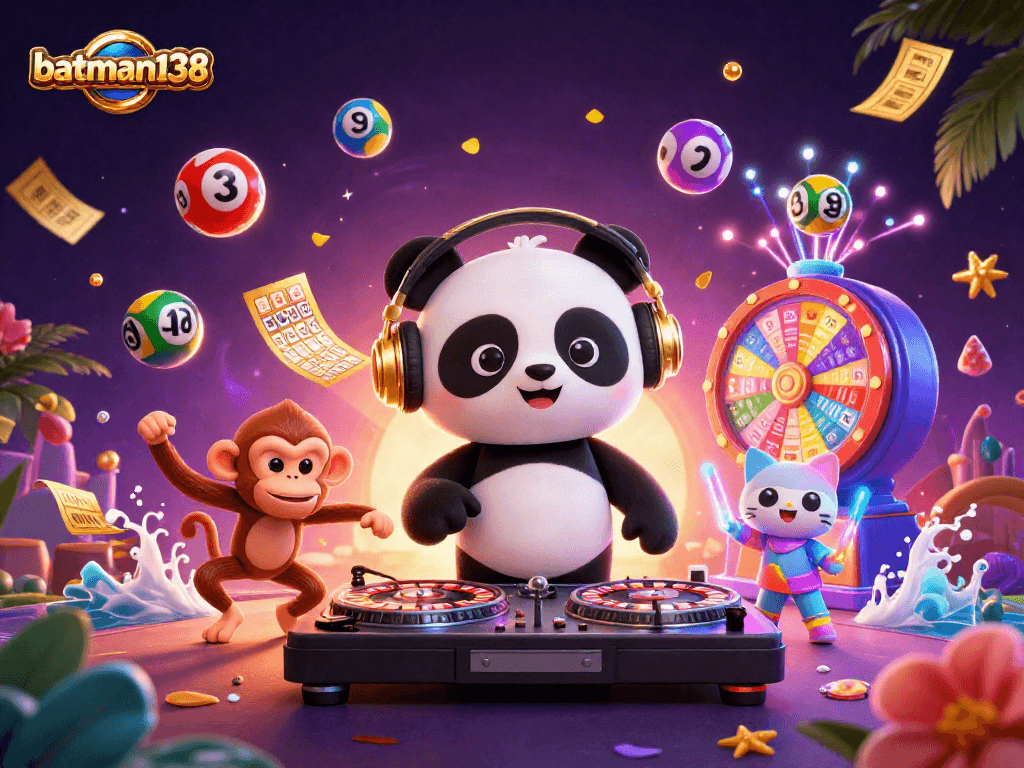 Aksi menyenangkan di batman138, dengan DJ panda, monyet menari, dan kucing bersinar merayakan kekayaan.
