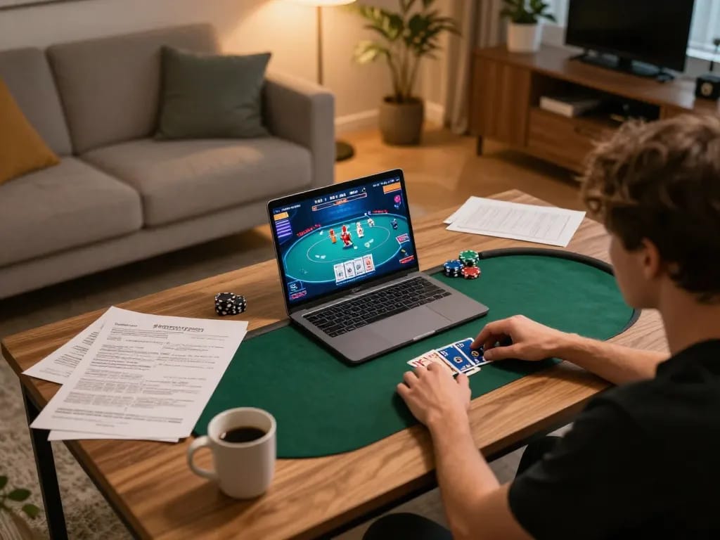 Player immersed in online poker gameplay on a laptop at home, showcasing z16 strategies for effective bankroll management.