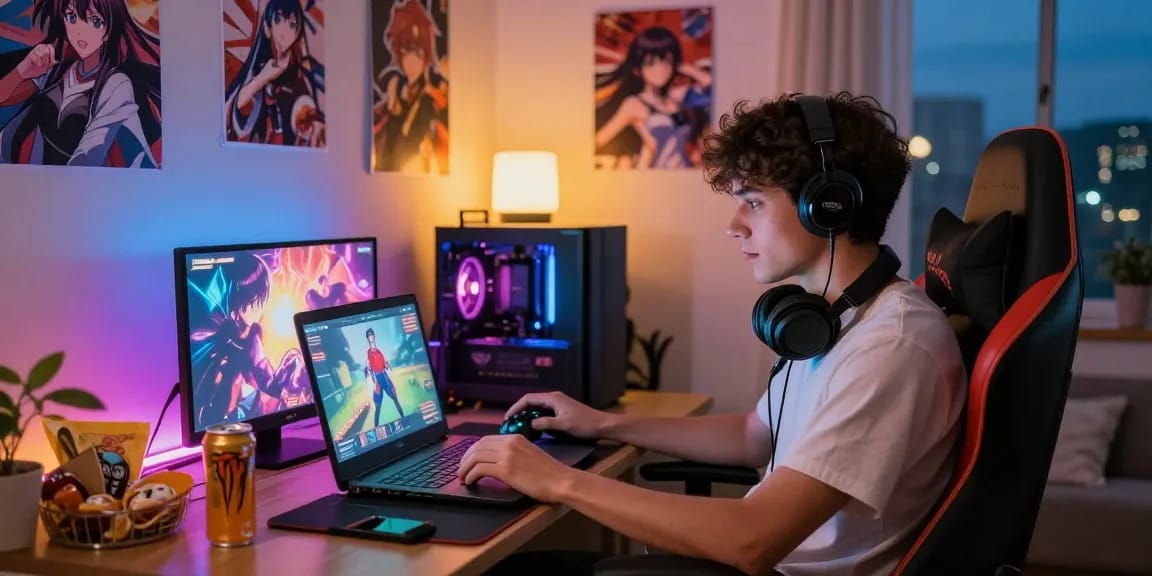 Engaged gamer playing an interactive hentai game in a colorful, cozy environment.