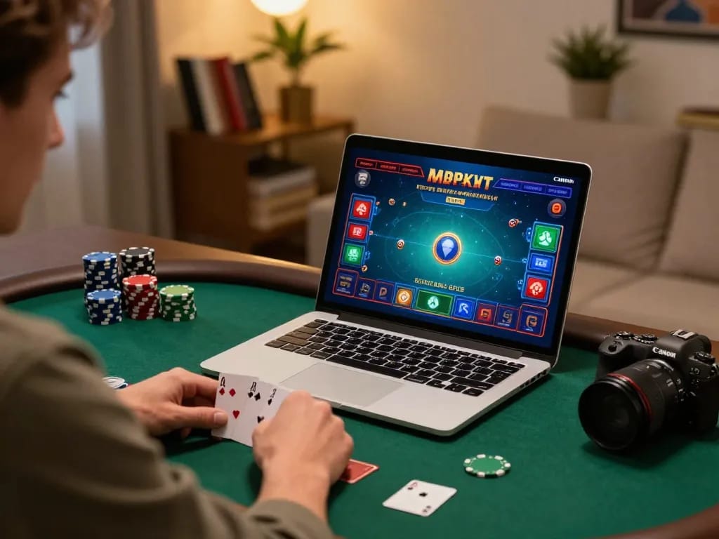 hm88 player engaging in online poker game with a dynamic interface and cozy home setup