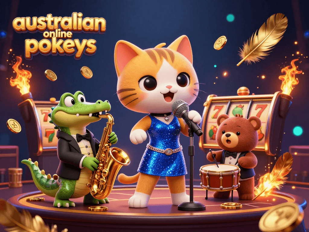 Engage with australian online pokies where a jazzy cat, crocodile, and bear entertain on stage amidst golden coins.