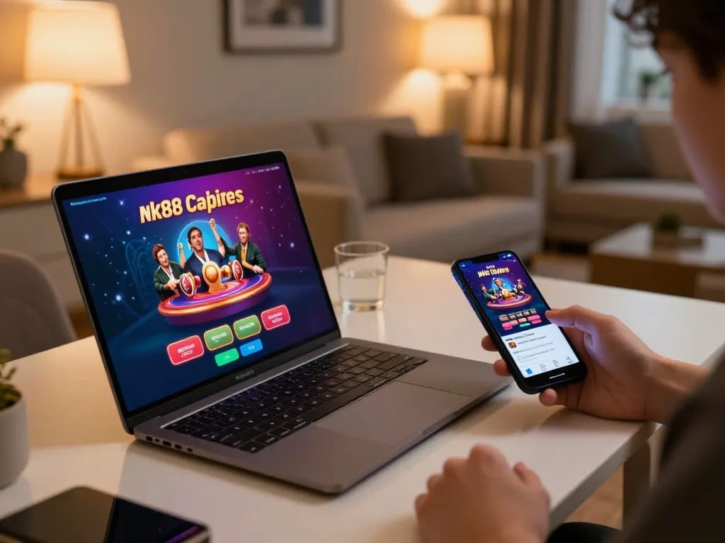 Engaging in nk88 mobile gaming with a sleek smartphone in a cozy home setting.