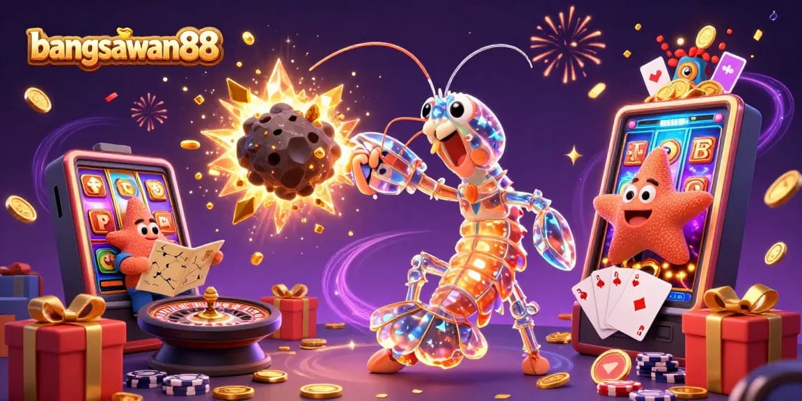 Bangsawan88 showcases a galactic samurai mantis shrimp amid casino elements, with winning gems and vibrant game visuals.