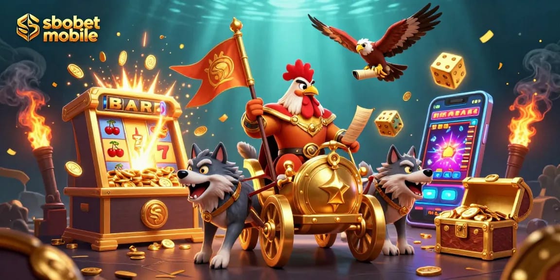 Experience thrilling sbobet mobile adventures with a cartoon rooster warlord amidst a jackpot explosion.