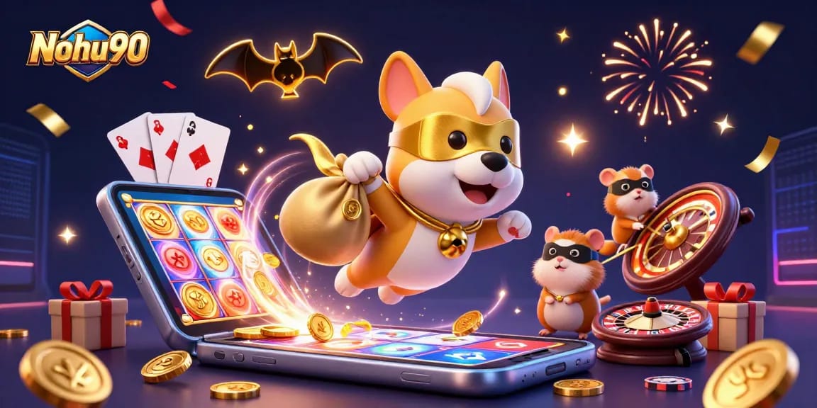 Nohu90 features a vibrant 3D casino scene with a superhero dog, gold coins, and slot game excitement.
