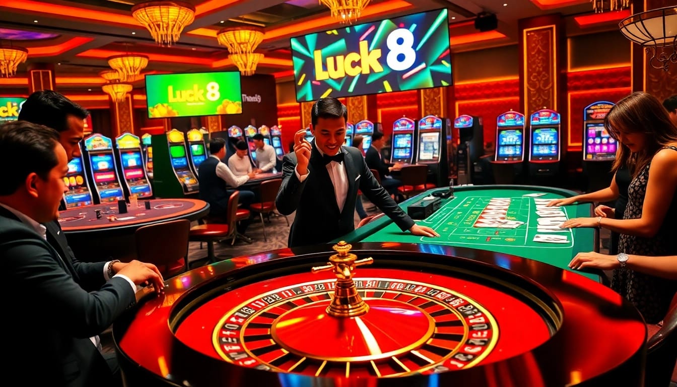 Excited gamblers placing bets at the luxurious casino table featuring Trang chủ Luck8.