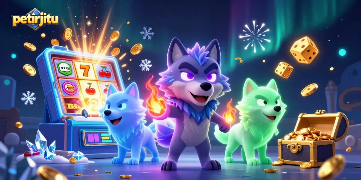 Petirjitu hadirkan karakter serigala dan elemen kasino dengan slot jackpot menarik.