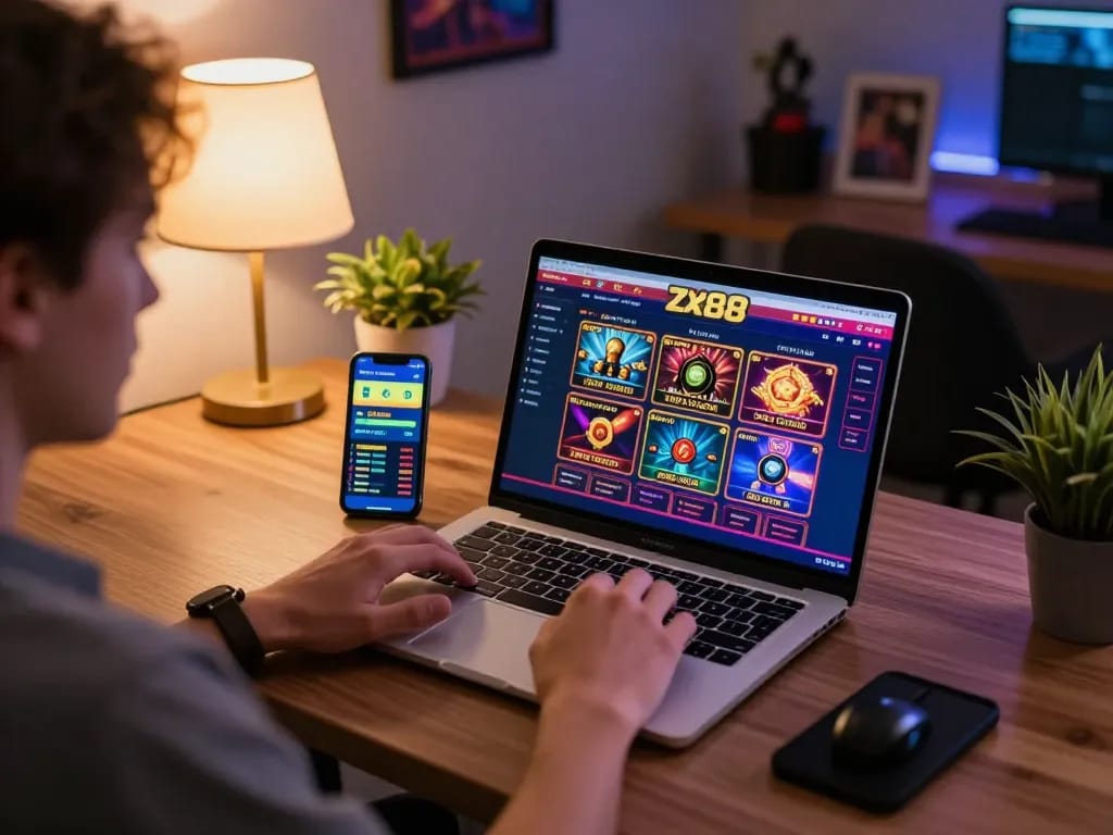 Engaged player exploring zx88 casino games on a laptop, showcasing interactive online gambling