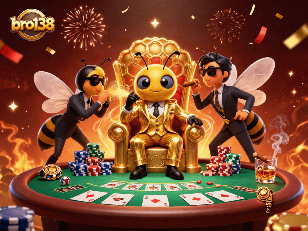 Experience thrilling poker action with bro138 in a vibrant 3D illustration packed with dynamic casino elements.