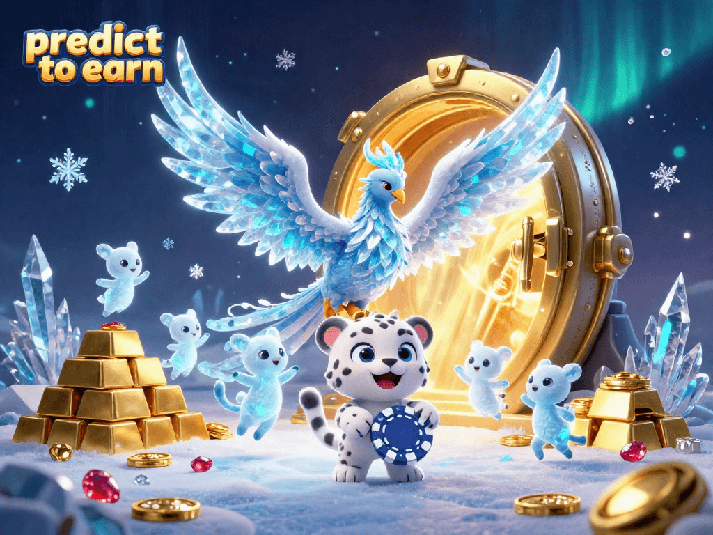 Engage with the ice phoenix and snow leopard cub in a vibrant casino scene as you predict to earn winnings!