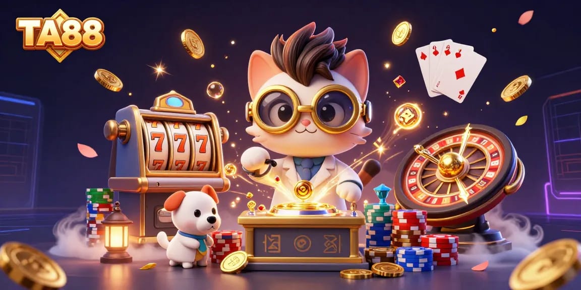 TA88 slots action with mad scientist cat inventing gold coins amid vibrant casino elements