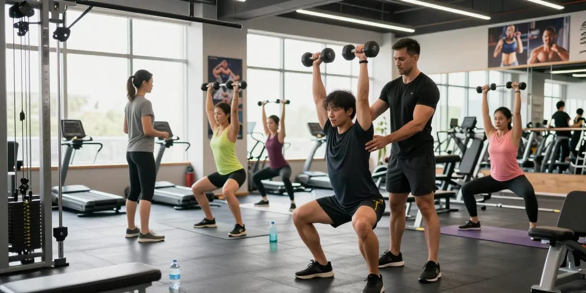 Astera Steroid Shop gym scene with athletes training and a personal trainer assisting clients.
