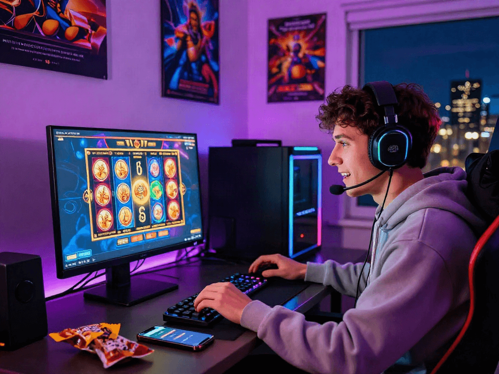 Player engaging in slot online adventure with vibrant graphics and gaming setup.