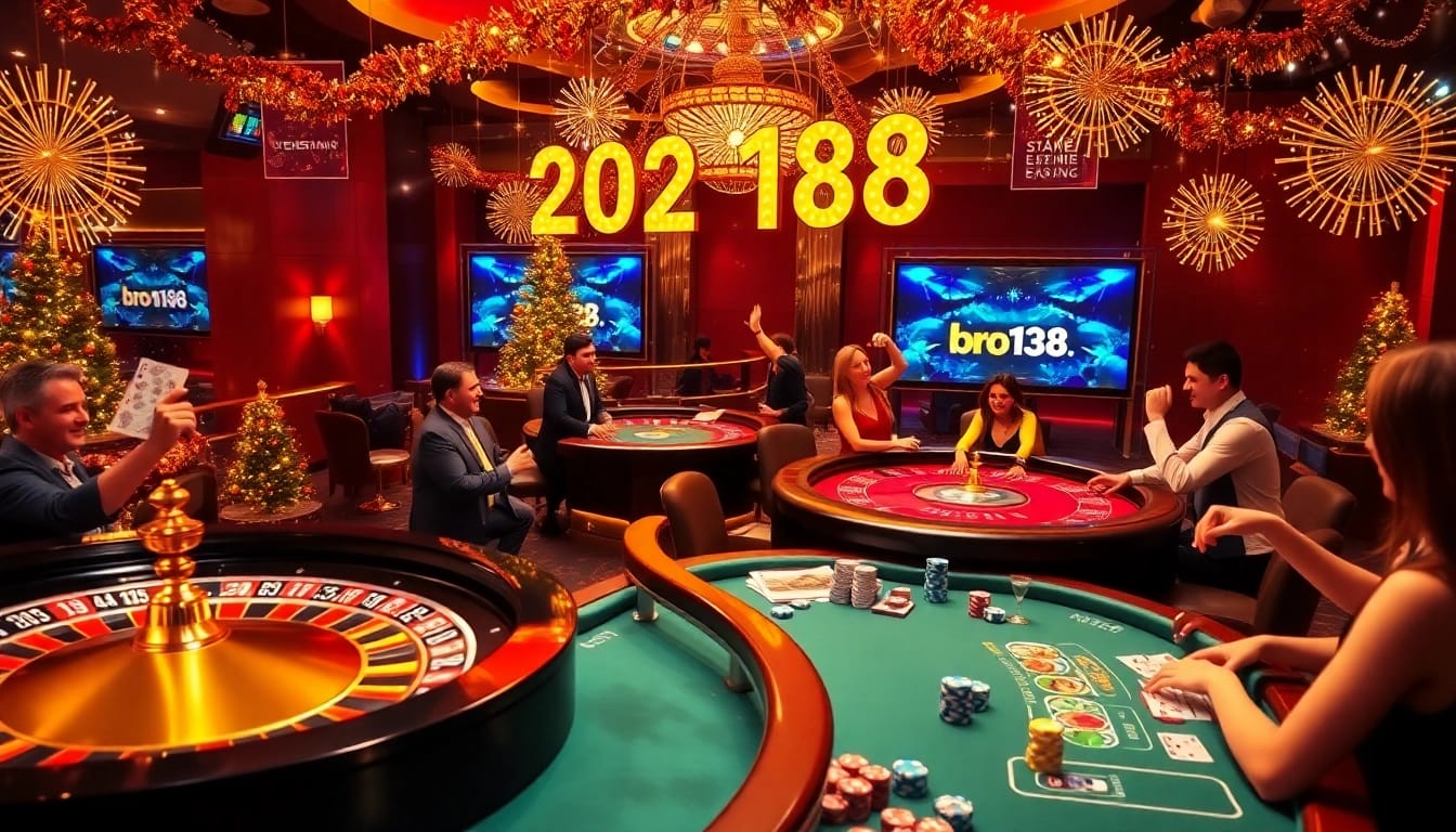 Gamblers enjoying a vibrant New Year celebration at bro138 online casino with festive decorations.