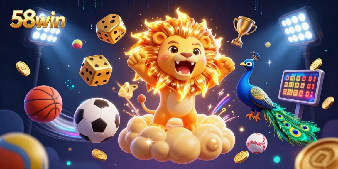 Win big with 58win in a lively casino scene featuring dynamic animations and festive characters.