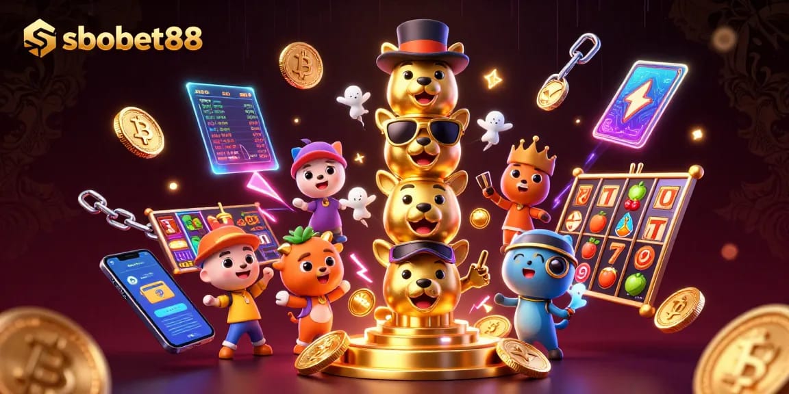 Experience sbobet88's dynamic gaming scene with vibrant slot elements and crypto coins.