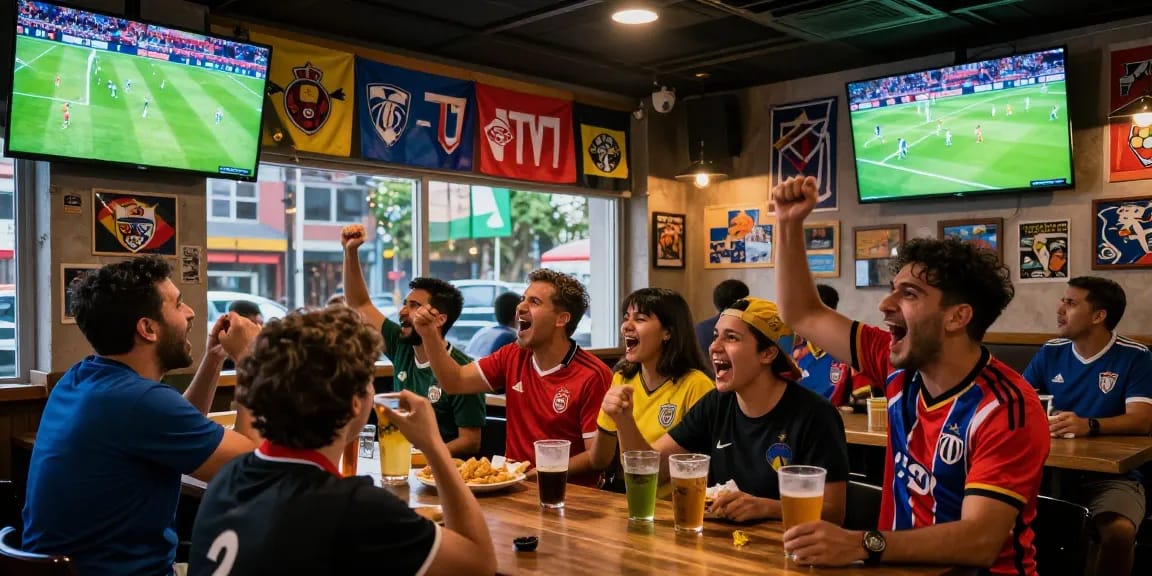 Fan excitement as مباريات اليوم unfold at a vibrant sports bar filled with cheering crowds.