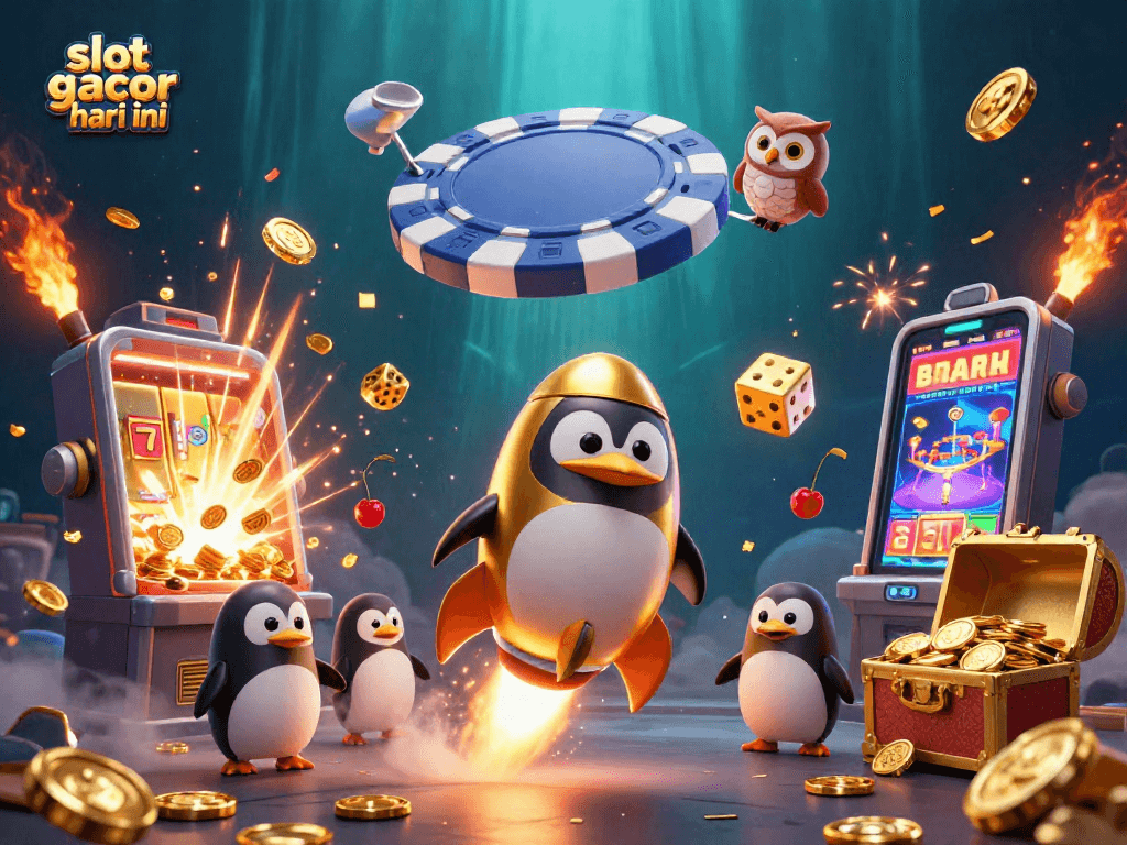 Melihat slot gacor hari ini pada ilustrasi 3D, dengan penguin emas dan mesin slot berlimpah koin.