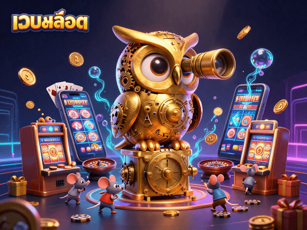 Experience exciting gaming with เว็บสล็อต: colorful slots and a lively casino scene featuring an animated owl.