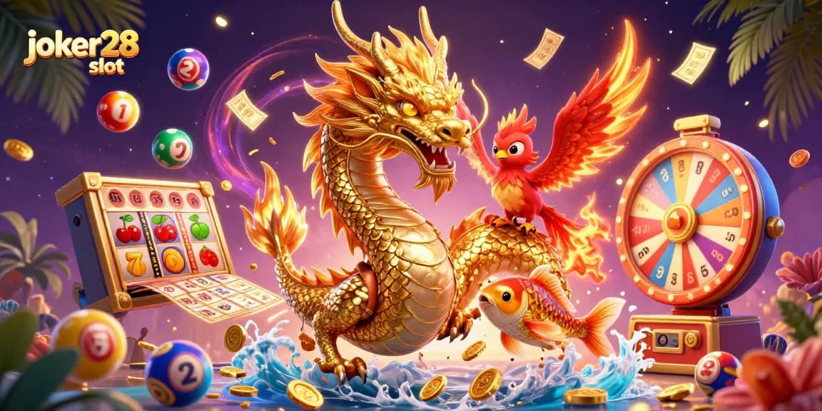 Visualisasi menarik joker28 slot dengan naga emas, phoenix merah, dan koi, di tengah elemen slot dan lotere.