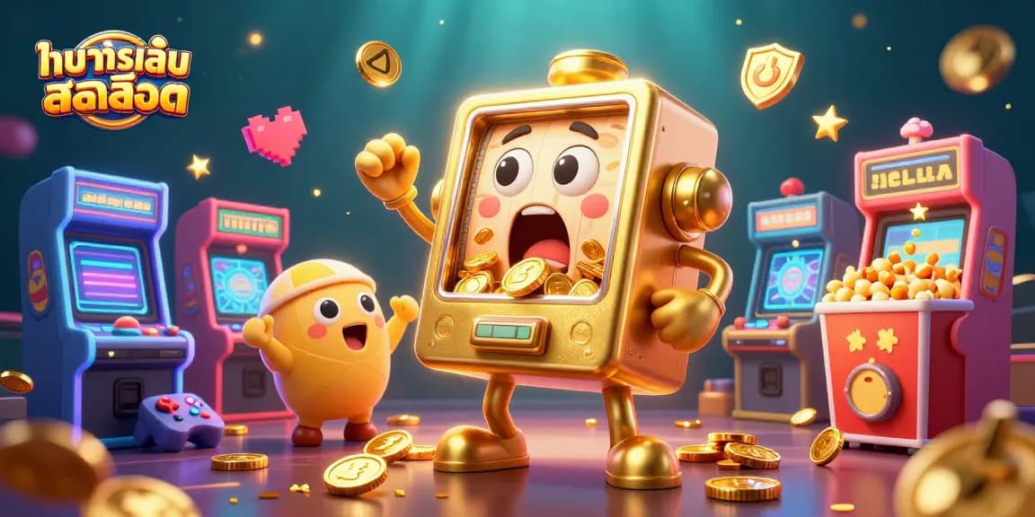 Experience the excitement of ทดลองเล่นสล็อต with a vibrant 3D jackpot scene full of colorful games and cheering characters.