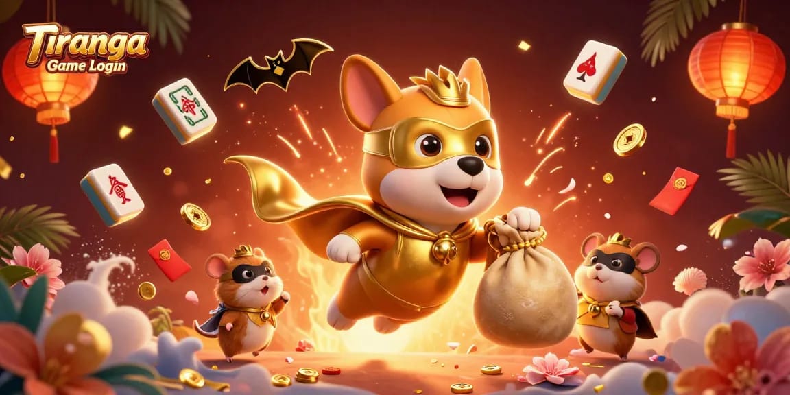 Tiranga Game Login features a superhero dog and hamster in a festive casino illustration with vibrant gaming elements.