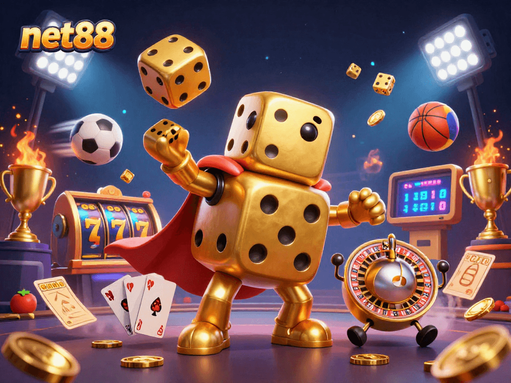Engage with net88 in this vibrant 3D casino scene filled with dynamic golden dice and action-packed game elements.
