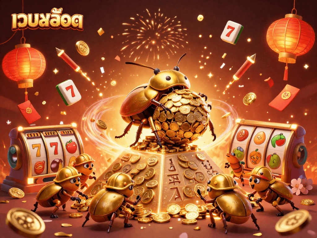 Engage with เว็บสล็อต addictive gaming, featuring golden beetles and vibrant slot symbols.