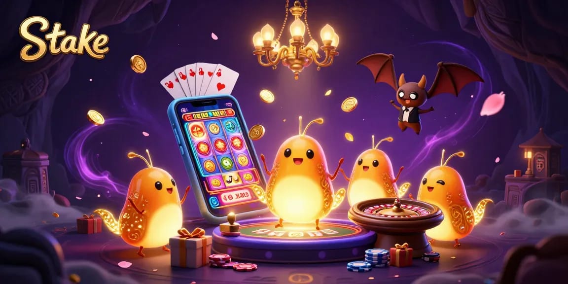 Play exciting games at Stake casino, surrounded by animated glowworms and rich casino elements.