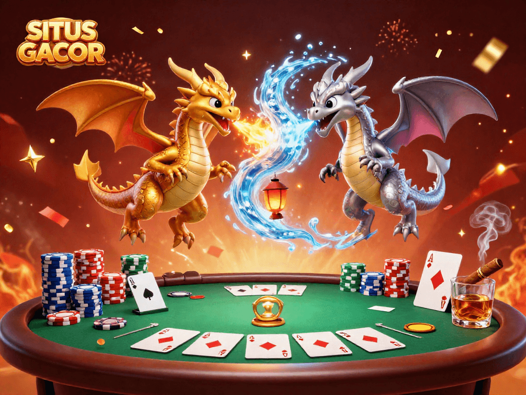 SITUS GACOR showcases a vibrant 3D casino scene with dragons, poker elements, and dynamic gaming action.