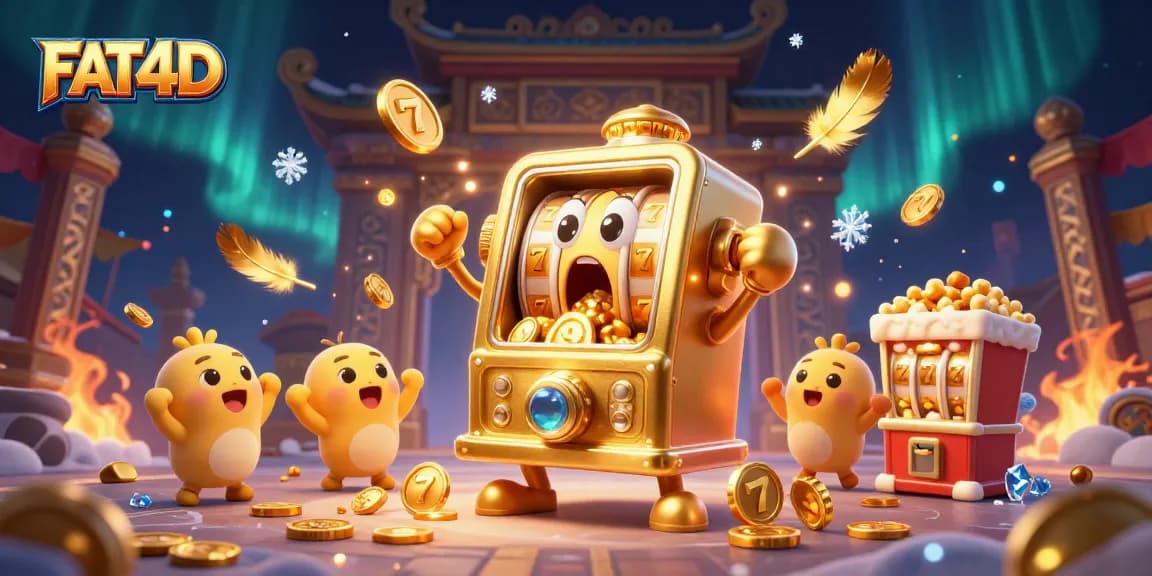 FAT4D slot machine celebrates jackpot victory with coins pouring out, surrounded by cheering baby slots and golden elements.