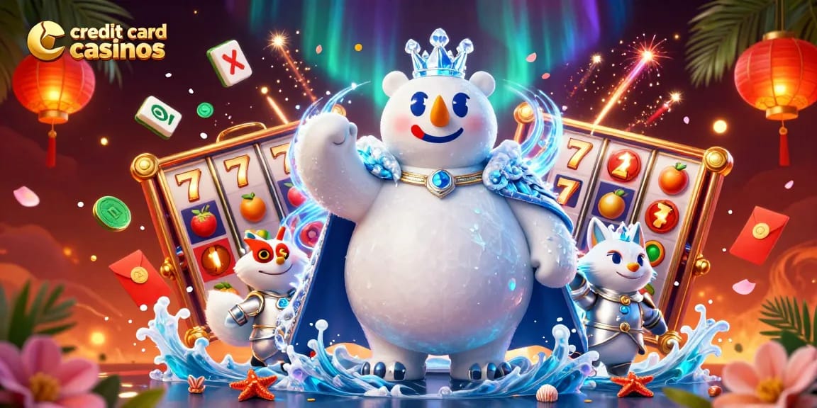 Experience thrilling action at credit card casinos with vibrant slot reels and dynamic characters.