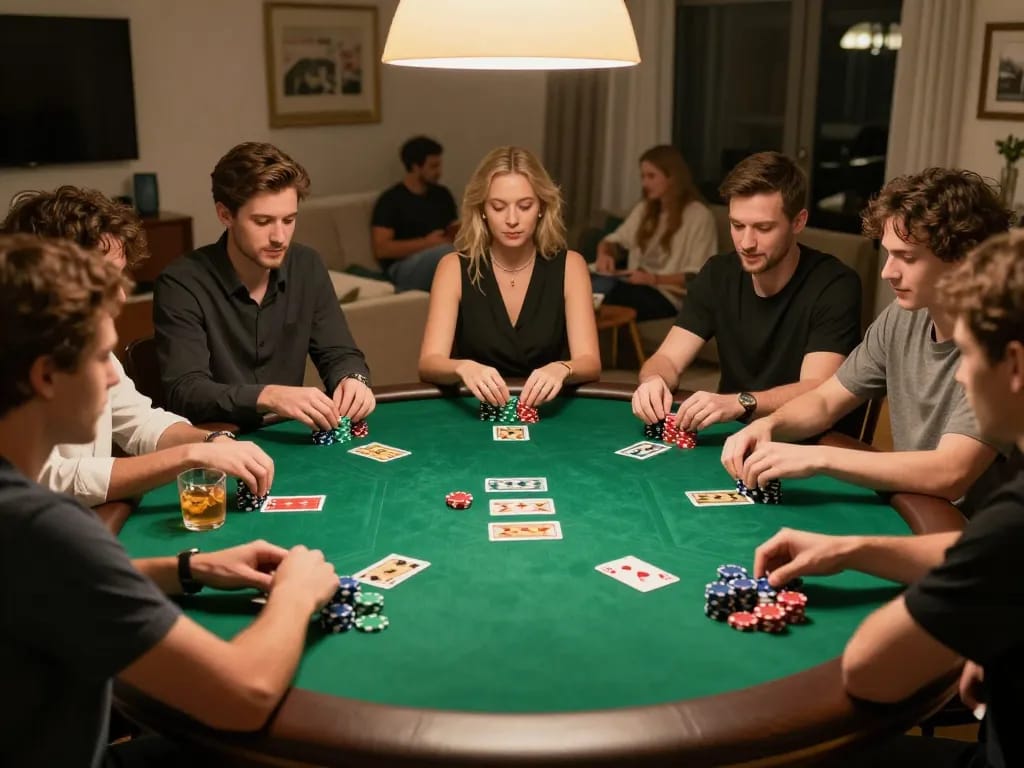 Gameradar-enhanced poker strategy session at home game night with vibrant chips and community cards.