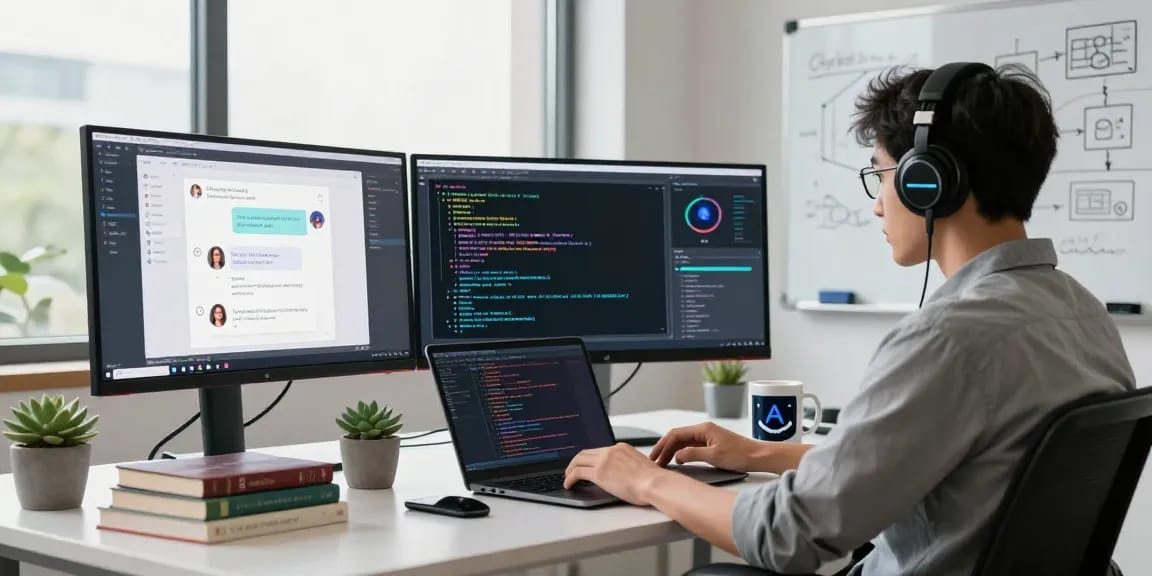 AI developer enhancing chat interfaces with crush ai in a modern tech workspace.