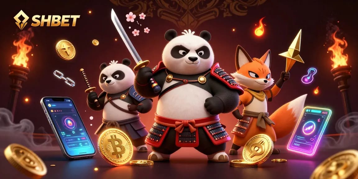 Experience thrilling wins with SHBET's 3D samurai panda and ninja fox in a vibrant casino scene.