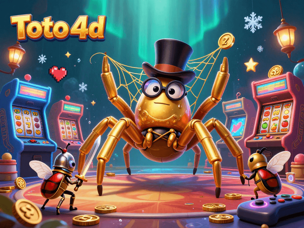 Uncover Toto 4d strategies with a vibrant casino scene featuring a golden tarantula and beetle knight.