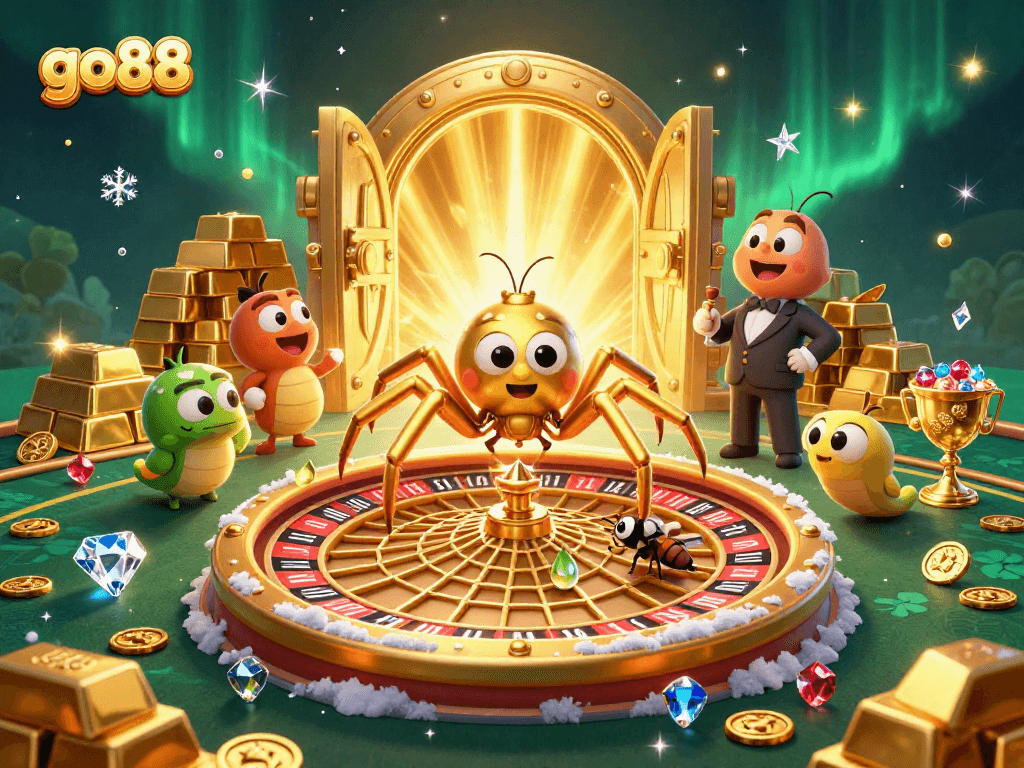 Experience thrilling bets at go88 as a golden spider spins a roulette wheel web in an enchanting casino scene.