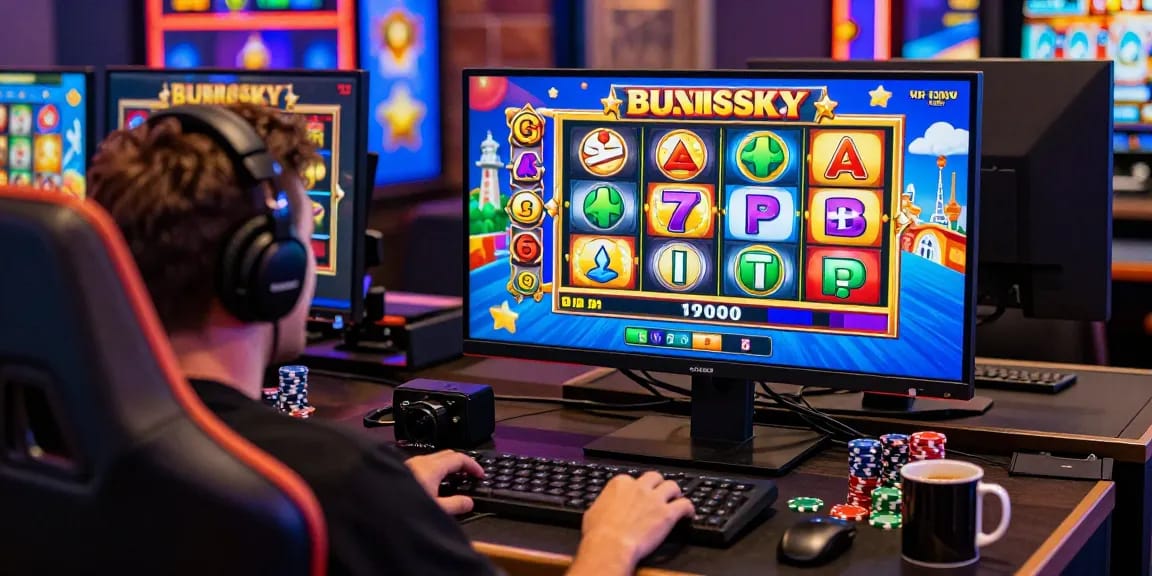 Player enjoying bonus buy slots with colorful reels and exciting gameplay in a vibrant online casino setting.