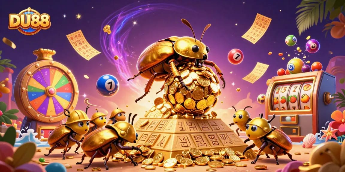 Experience thrilling fun with DU88 in a vibrant casino-themed 3D illustration filled with game elements.