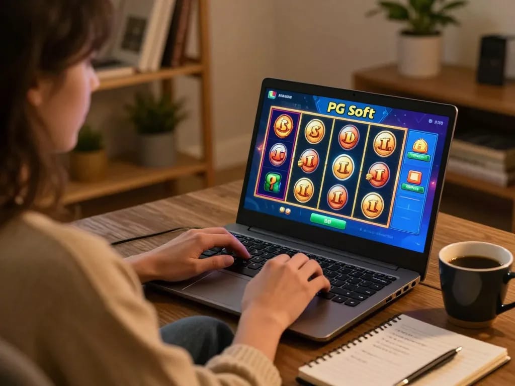 Mainkan slot Demo PG Soft di laptop dalam suasana rumah yang nyaman dengan nuansa hangat.