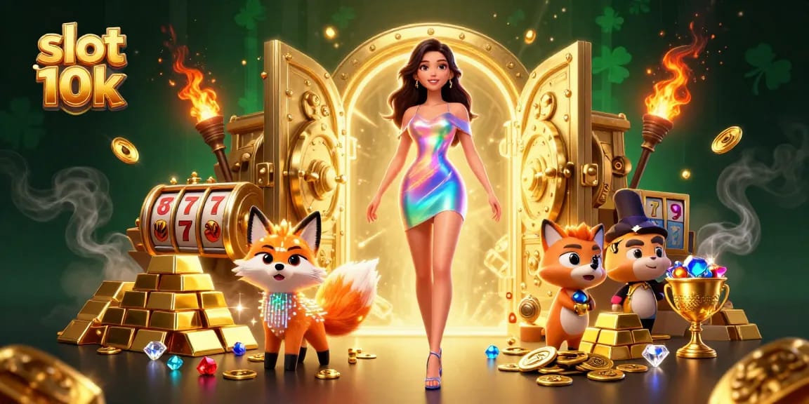 Engage with the excitement of slot 10k in a vibrant, dynamic casino scene featuring beautiful characters and dazzling treasures.