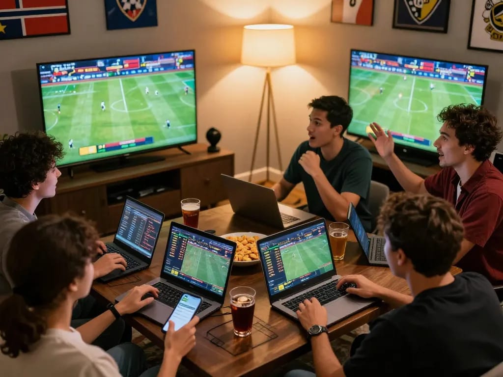 Friends engaging in real-time sports betting with smartcityhostels' exciting online platform.